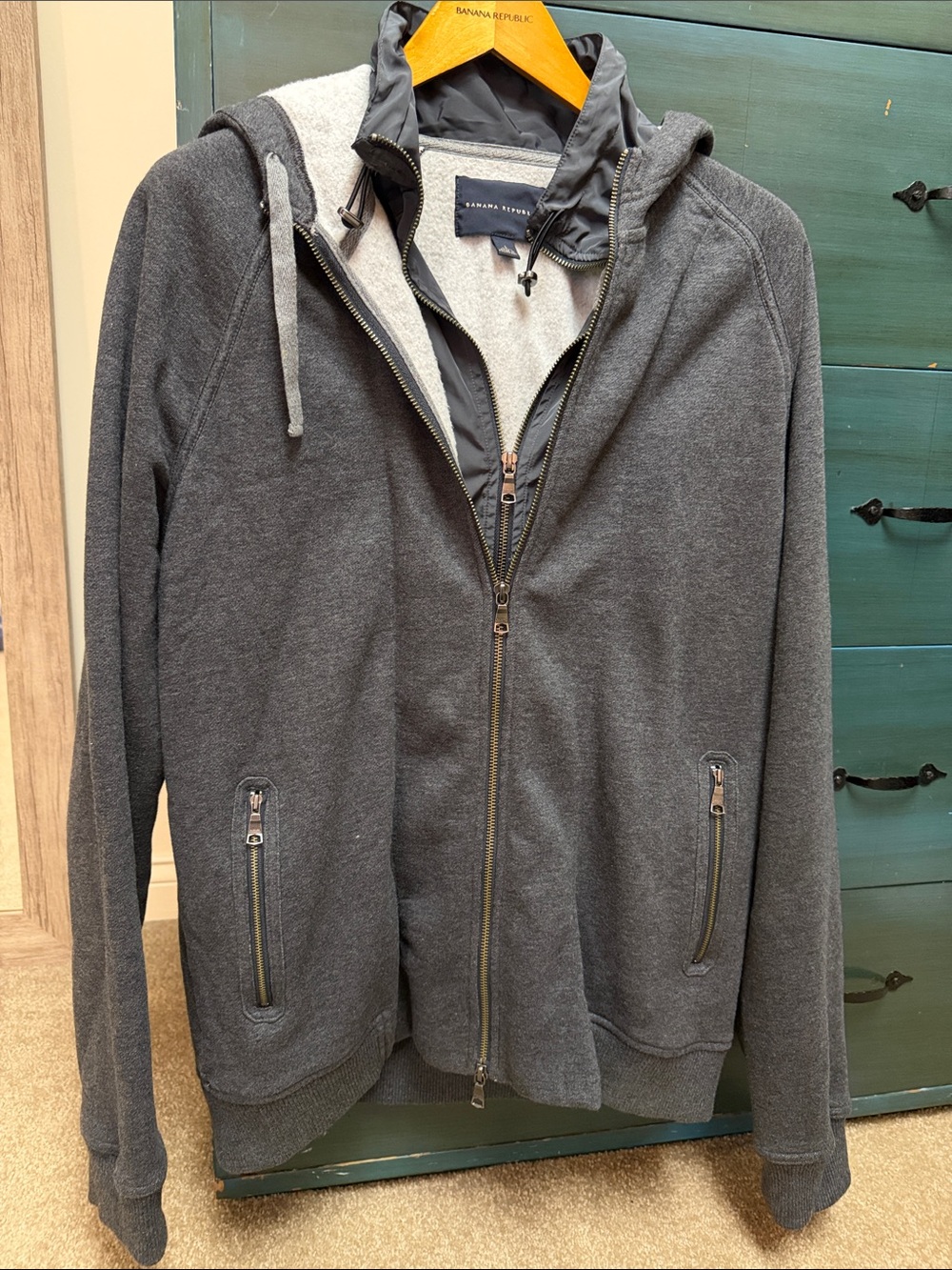 Banana Republic Men's Charcoal Gray Zip-Up Hooded Sweater